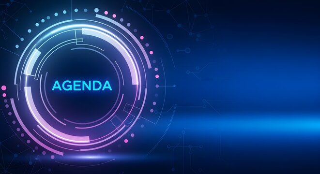 Digital agenda hologram with glowing blue and purple rings displays futuristic event planning technology against a dark gradient background.