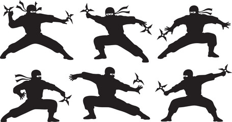 Japanese ninja warrior set high quality vector silhouette illustration for clipart scalable design. © Sheplob
