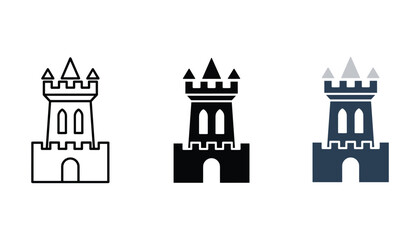 Three variations of stone castle tower icon representing a fortress or medieval structure in line art solid black and blue flat color graphic design styles for gaming or historical map elements © TARU STOCKPLC