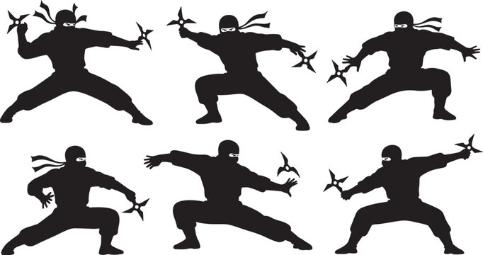 Japanese ninja warrior set high quality vector silhouette illustration for clipart scalable design.