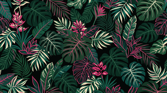 Dark tropical leaf pattern with pink and green foliage on black background, tropical leaves, foliage, pattern, pink, green, black,