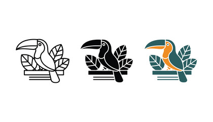 Obraz premium Toucan bird on branch icon set showcasing linear solid and colored vector illustrations for wildlife themes