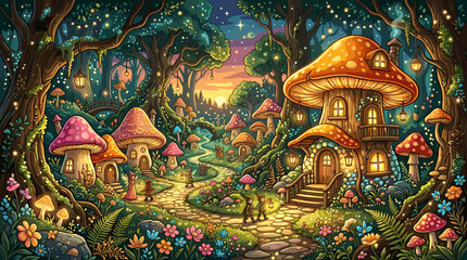 Fototapeta premium Fantasy mushroom village with glowing cottage and magical forest path, mushroom village, fantasy, cottage, forest, path, mushrooms