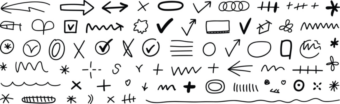 Collection of handdrawn black doodle graphic elements and symbols on a transparent background