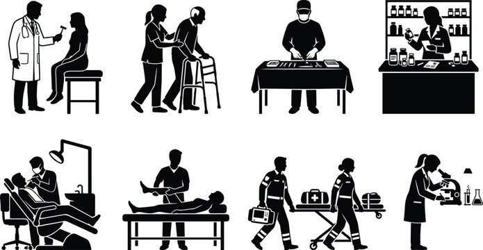 Set of medical healthcare profession silhouettes featuring doctor checkup elderly care surgeon pharmacist dentist physical therapist paramedics and scientist