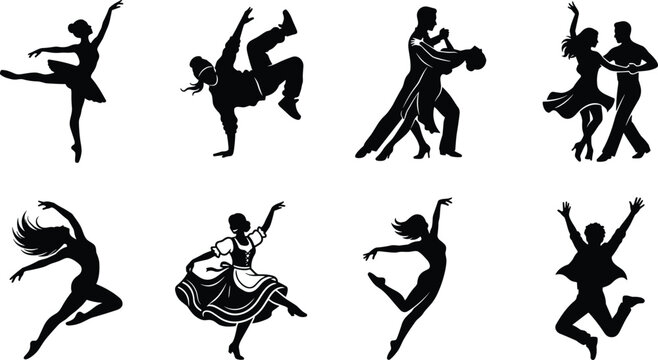 Set of professional dancer silhouettes featuring diverse dance styles including ballet breakdance salsa ballroom traditional folk and contemporary dance