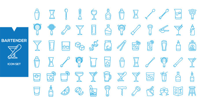 Bartender Icon Set: A comprehensive collection of blue line art icons representing various bar tools, glassware, cocktails, and bartending elements, perfect for design and web projects.