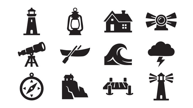 Weather icons, navigation symbols, coastal signs, 12 black vector graphics
