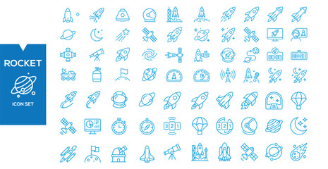 Rocket Icon Set: A comprehensive collection of linear icons representing rockets, space exploration, and celestial bodies, perfect for technology and science-themed designs. © Afrojaart