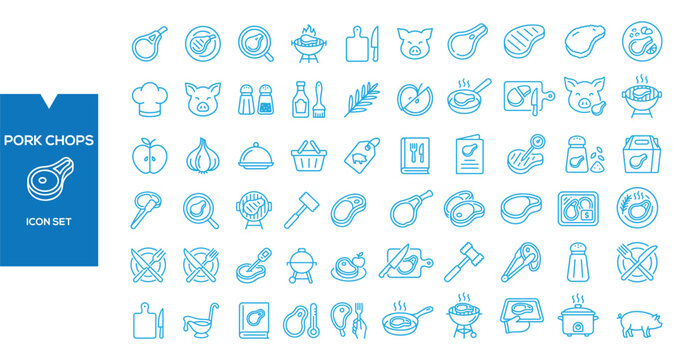Pork Chops Icon Set: A collection of blue line art icons illustrating various aspects of pork chops, from preparation and cooking to serving and consumption.