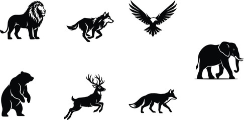 Fototapeta premium Wild Animal Silhouette Collection Featuring Lion Wolf Eagle Elephant Bear and Deer Icons for Nature Wildlife Design