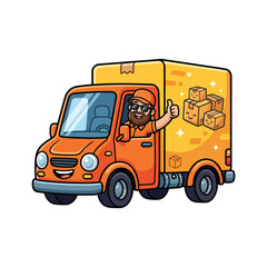 Fototapeta premium Happy delivery driver giving thumbs up and waving from a cartoon delivery truck