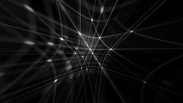 Glowing white plexus grid of digital data nodes and flashing information streams. Full HD and looping computer network connections technology background.