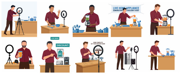 Fototapeta premium Professional Male Influencer Conducting a Live Stream Home Appliance Demonstration and Discount Sales Event in a Kitchen Studio Set