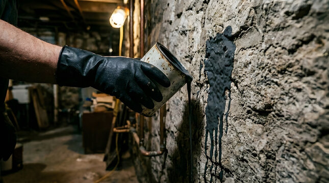 Hand in black rubber gloves pouring thick liquid bitumen sealant onto a stone foundation wall in a dark basement for professional waterproofing and moisture protection during home renovation.
