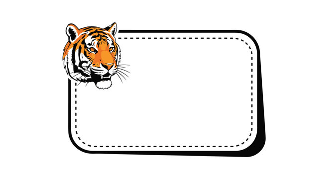Blank rectangular label with dotted border decorated with a majestic tiger head in the top left corner.