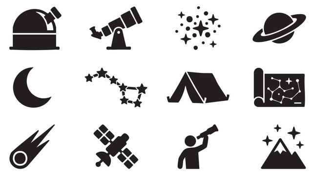 Astronomy icons, space symbols, starry night elements, black vector set