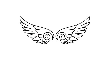 Fototapeta premium Simple black outline of angel wings with circular spiral decorations in a modern minimalist style.