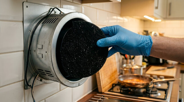 A technician wearing blue protective gloves installs a new black charcoal filter into a domestic kitchen cooker hood ventilation system to ensure clean indoor air quality 