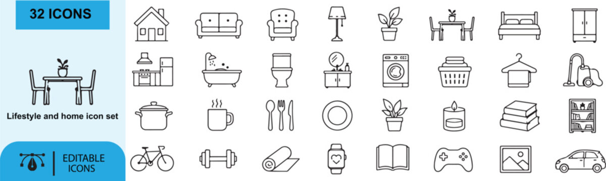 Lifestyle and home icons Each icon will be different, create a vector outline icons using white background and black color