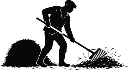 Man raking leaves or hay, silhouette against white background, rake © Sojib Patuary