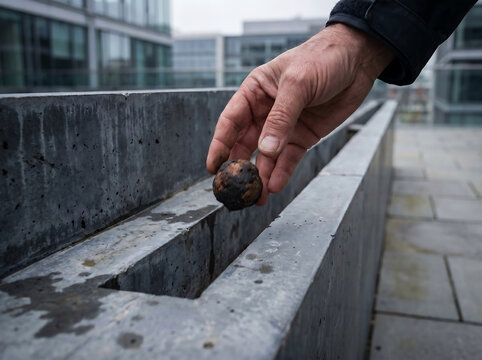 Guerrilla Gardening Hand Throwing Organic Clay Seed Bomb into Corporate Concrete Patio Crack