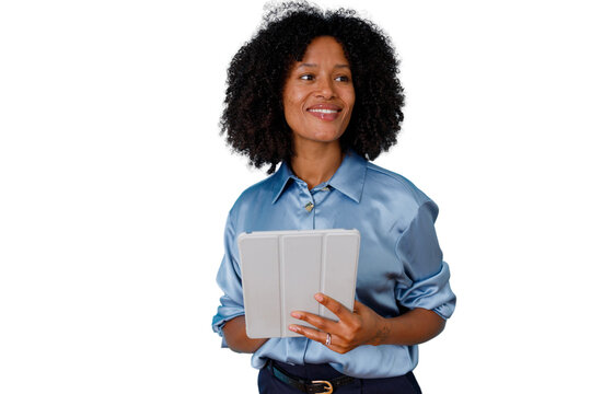 African american woman holding digital tablet, smiling and looking away, celebrating business success and innovation, transparent background