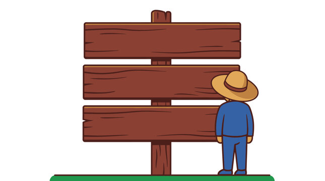 A cartoon farmer standing in front of a blank wooden signpost.