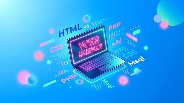 Modern laptop with HTML code on screen surrounded by floating programming language tags and database symbols in a dynamic blue setting.
