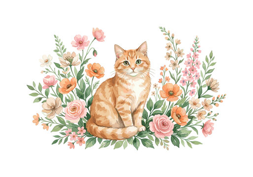 Orange cat sitting among watercolor flowers and green leaves, cat, flowers, orange cat, watercolor, leaves, pet, animal, garden,