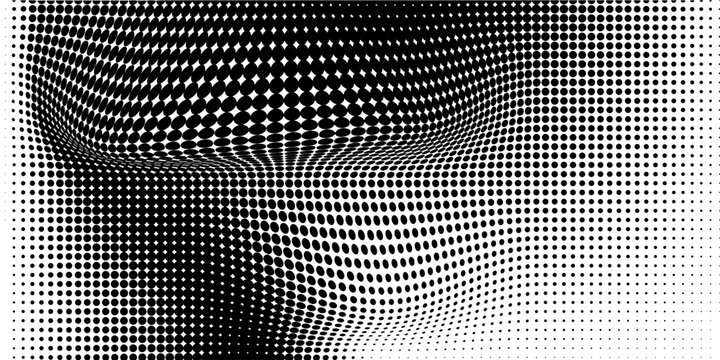 Abstract black hexagon halftone blob shape with organic fluid effect on white background