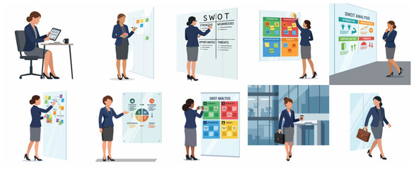 Fototapeta premium Set of Businesswoman Characters Performing SWOT Analysis and Strategic Planning in Modern Office