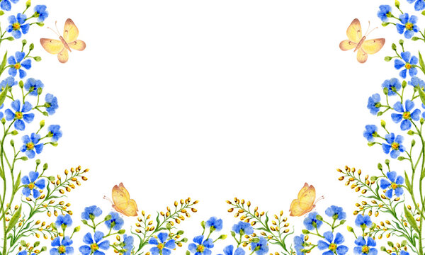 Watercolor blue wildflower forget me not frame with butterflies and copy space. Elegant border forget-me-not flowers.