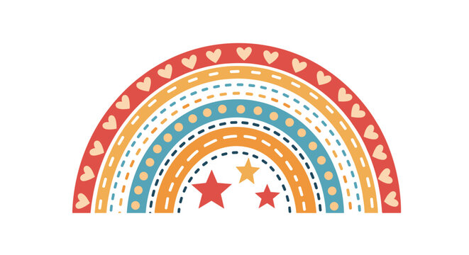 Warm colored bohemian rainbow with heart patterns, dashed arches, and stars, ideal for cozy children nursery decor.