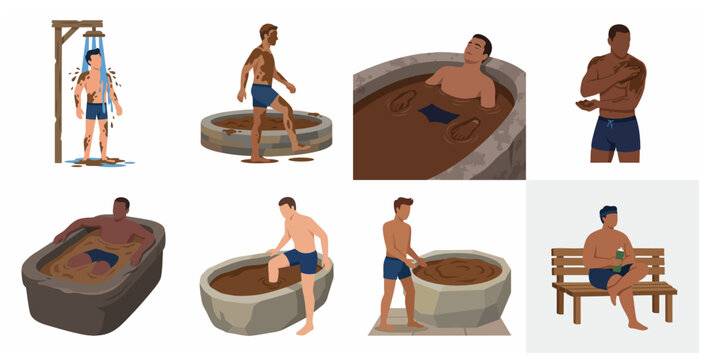 Set of Men Enjoying Therapeutic Mud Baths and Spa Wellness Procedures Illustration