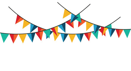 Fototapeta premium Three overlapping festive strings of colorful triangular bunting flags hanging against a clean white background.