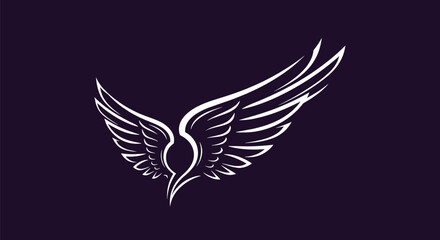 Naklejka premium Abstract white tribal style wings drawn with dynamic flowing lines on a solid dark purple background, vector design.