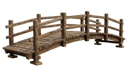 Obraz premium Rustic wooden bridge isolated on a white background for professional nature and landscape themes. This high-quality organic