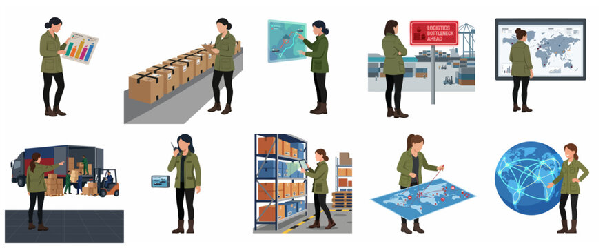 Professional Female Logistics Manager Handling Supply Chain Operations, Warehouse Inventory, and Global Shipping Illustration Set