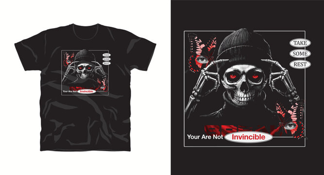 Skeleton with glowing eyes wearing beanie, butterflies and text.