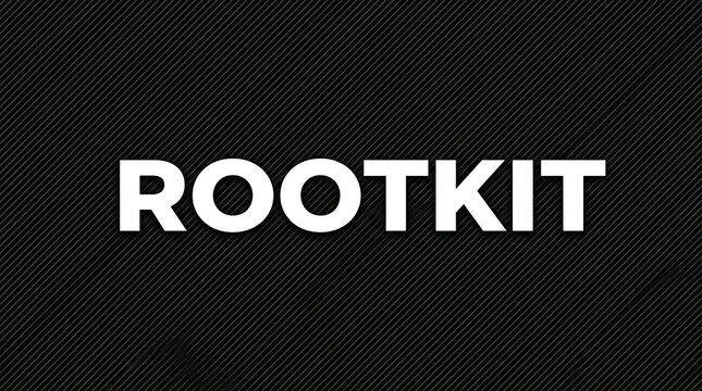 Rootkit word written in bold white letters on a dark textured black background.
