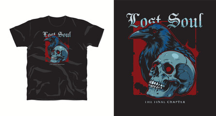 Obraz premium Lost soul text, raven and skull, the final chapter text, distressed look, dark art.