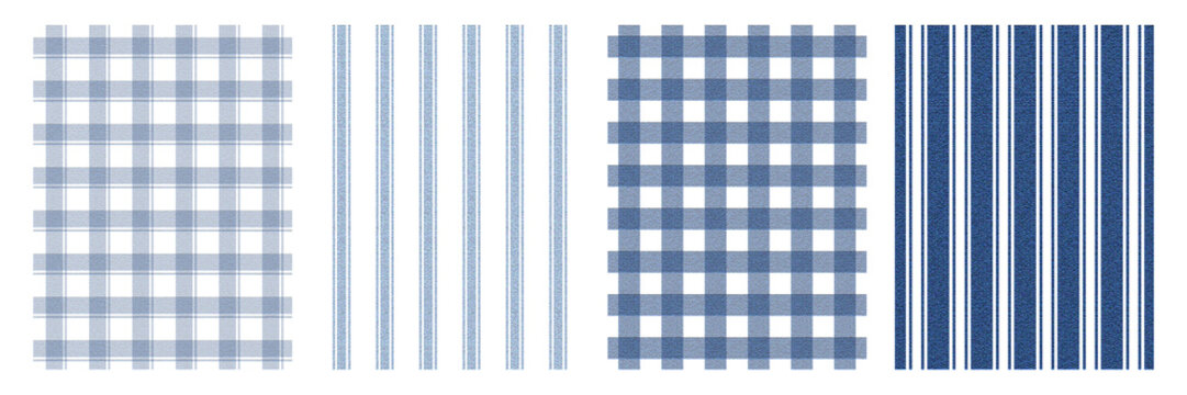 Blue gingham and stripe seamless pattern set for fabric and textile design. Classic checkered plaid texture for backgrounds and packaging. Ideal for fashion, home decor, and print projects.
