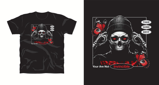Skull with red eyes, wearing beanie, with butterflies and eyes, your are not invincible text.