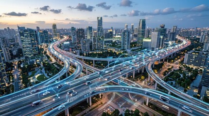 Obraz premium Smart traffic cars aerial road scene with vehicle connectivity, technology innovation and future cyber system network