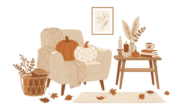 Living Room Illustration with Beige Sofa, Pumpkins, Wheat Bundle, Woven Basket, and Autumn Decor on a Warm Rug