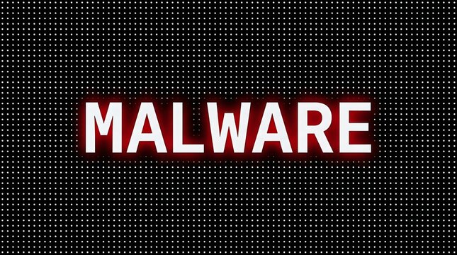 Malware text displayed on a dark digital screen with a glitch effect.