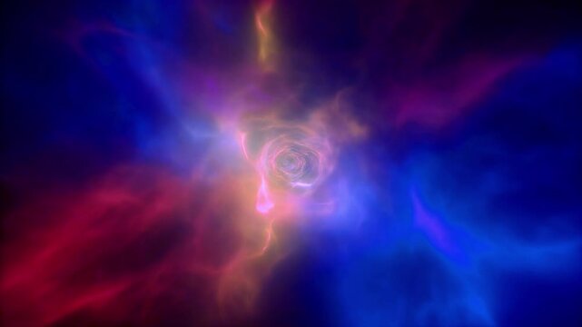 Abstract seamless loop of moving forward through a vibrant blue and red smoke tunnel or cosmic gas wormhole with glowing nebula light for futuristic background