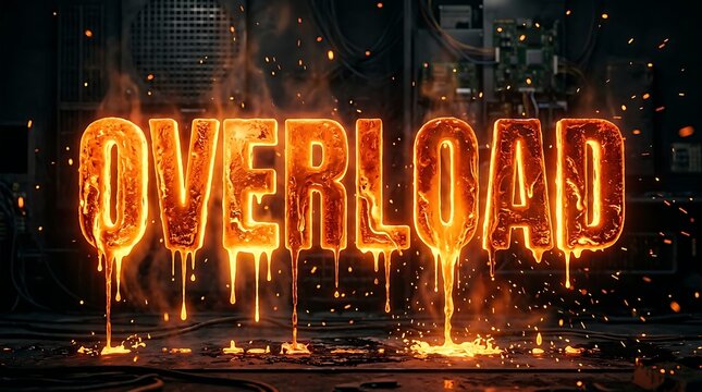 Burning Overload text made of bright glowing molten lava on a dark background.