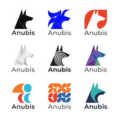Fototapeta premium Collection of Anubis Logo Designs Featuring Stylized Jackal Head Silhouettes in Various Artistic Styles.